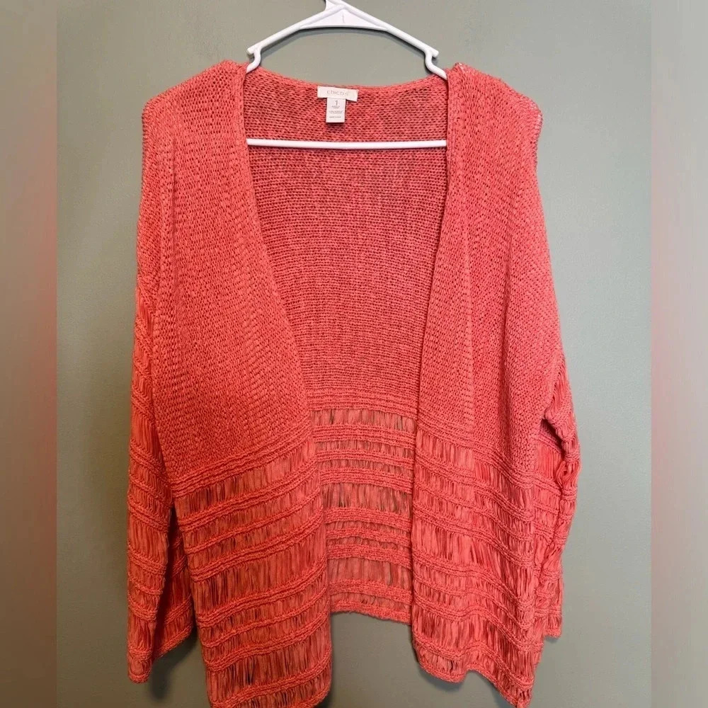 Chico’s Women’s 3/4 Sleeve Coral Open Front Cardigan Sweater Chicos Size 1 US 8